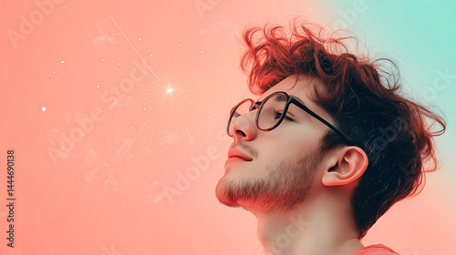 A young man with curly reddish-brown hair and glasses looks upwards against a vibrant, gradient background of orange and teal. He has a thoughtful expression, a dreamy, and ethereal quality.