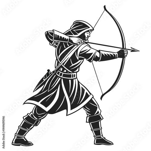 Black and White Silhouette Hooded Archer Aiming with Bow and Arrow Ready to Shoot