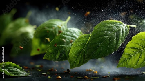 Fresh basil leaves exploding in mid-air with water droplets and spices details.