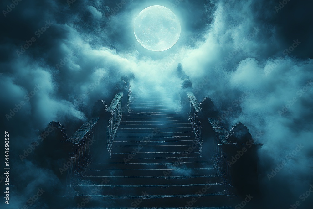Fototapeta premium A staircase leading to the moon, with misty clouds and an eerie atmosphere. The full moon casts its light on the dark stairs.