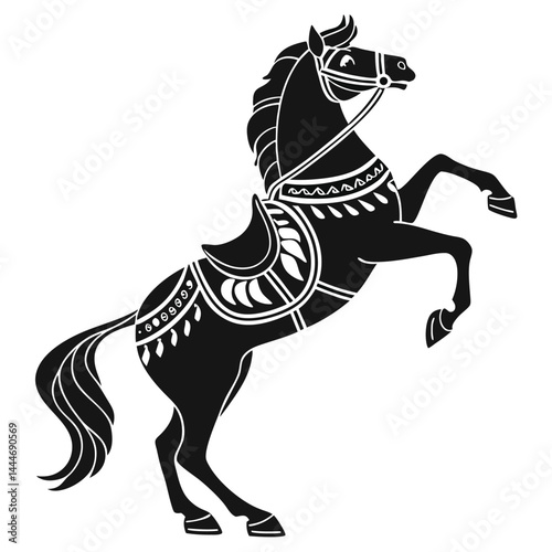 Ornamental Prancing Stallion Black Silhouette Horse with Saddle and Bridle Design