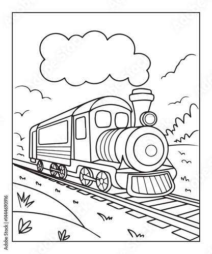 Train in nature background coloring page for kids, black line art vector illustration on white background