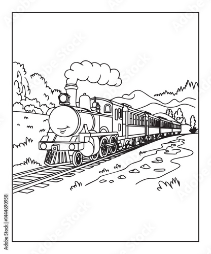 Beautiful steam train coloring page for kids, black line art vector illustration on white background