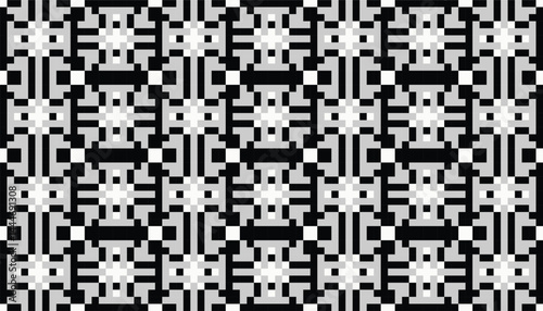 Monochrome pixel-style geometric pattern in black, white, and grey, featuring a woven digital motif in a vertical layout