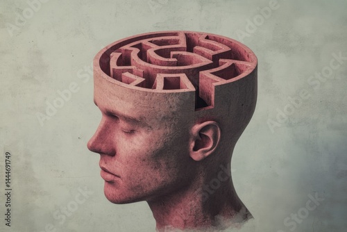 Red stone head with spiral brain labyrinth