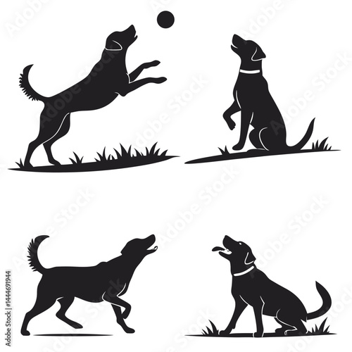 Labrador Silhouettes Collection, Black Set of Energetic Dogs in Various Poses on White