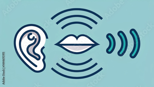 Stylized ear and mouth icon connected by flowing sound waves, representing communication and hearing concepts in simple graphic design