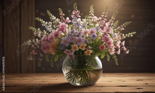 Delicate spring flowers arranged in a vase, bathed in soft lamplight on a wooden surface ,  spring,  blossom