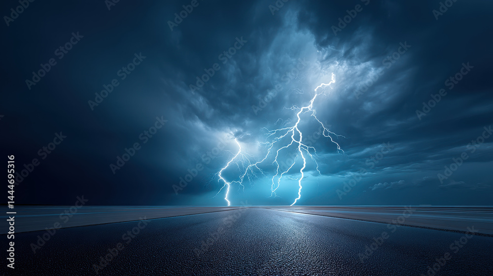 Dramatic Night Storm with Lightning Striking the Road