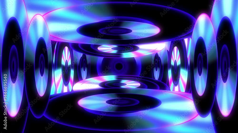 Energetic animation with a music disk in motion and bass vibrations, using bright colors and circular flow for modern music content