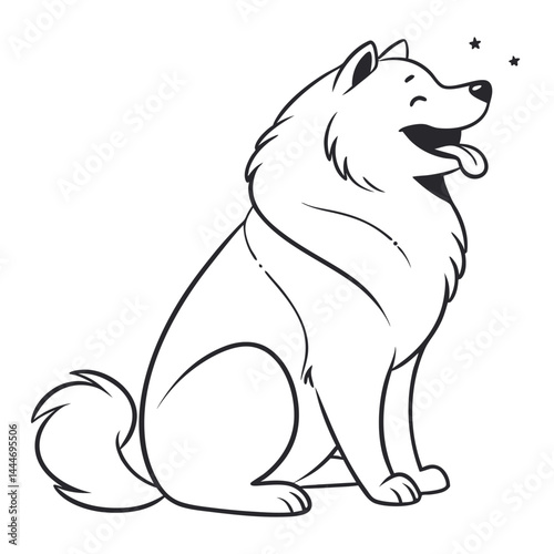 Outlined Happy Samoyed Dog Sitting with Tongue Out and Starry Eyes on White