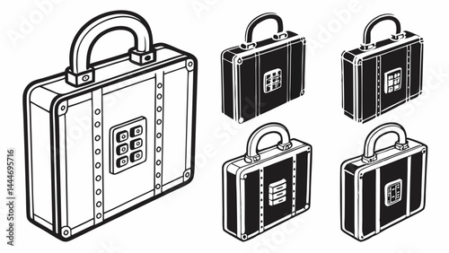 Black and White Briefcases with Combination Locks Illustration Set for Business Security
