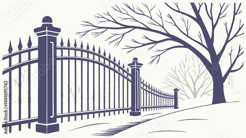 Graphic Winter Landscape Illustration with Curved Wrought Iron Fence Bare Tree and Snowy Hill