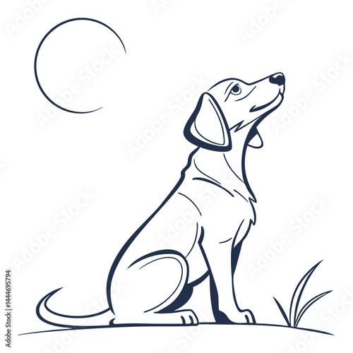 Minimalist Outline Seated Puppy Gazing Up at Full Moon Under Sky, Isolated on White