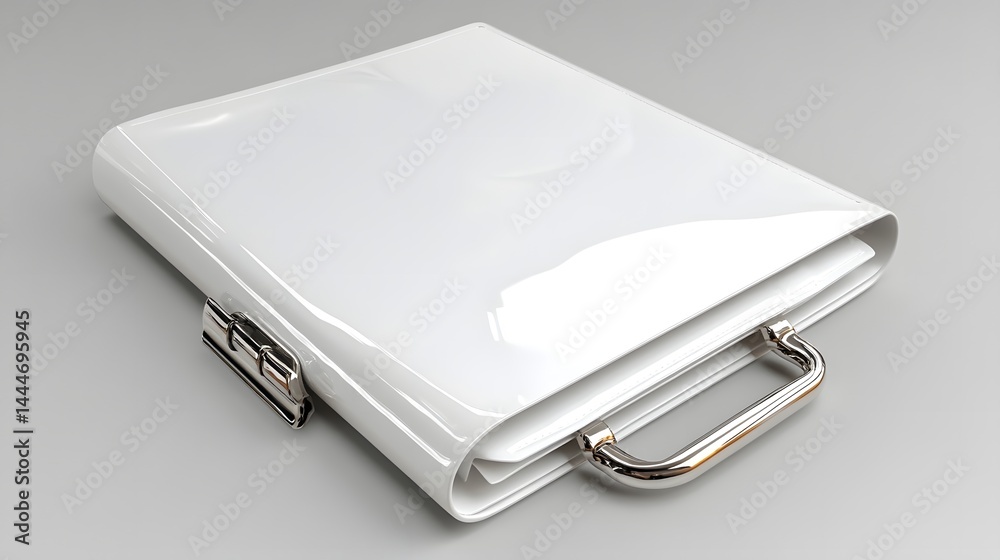 White Glossy Briefcase with Metallic Accents on Gray Background White Glossy Briefcase with Metallic Accents on Gray Background