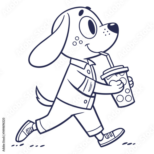 Animated Spotted Dog Walks, Smiling, Holding Drink With Straw, Wearing Shirt, Shoes