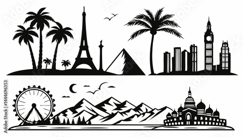 Black silhouette vector art set of world travel landmarks and nature