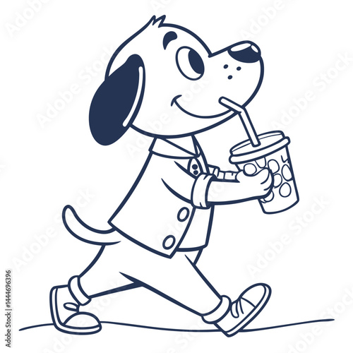 Cartoon Dog Walking, Drinking Beverage, Cute, Outline, Line Art, Happy, Energetic