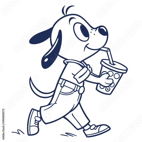 Outlined Cartoon Dog Walking, Drinking Soda With Straw, Wearing Overalls and Shoes