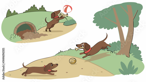 Happy cartoon wiener dogs play fetch with a ball in a park illustration featuring hills a tree and animal den