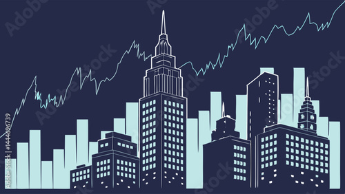 Art Deco City Skyline Business Illustration with Stock Market Graphs and Corporate Buildings