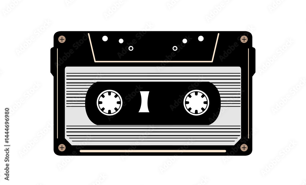 Fototapeta premium illustration of a vintage audio cassette tape, symbolizing analog music and retro technology, 1990s style image, tape recorder 80s plays music, Retro old design ghetto blaster boombox radio cassette 