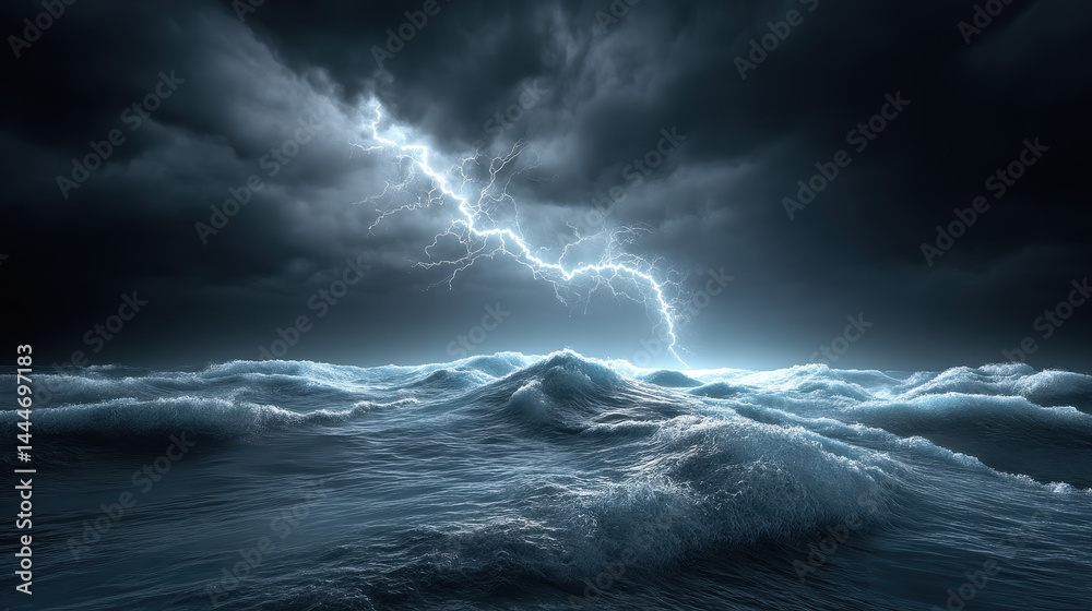 Dramatic Stormy Ocean with Lightning