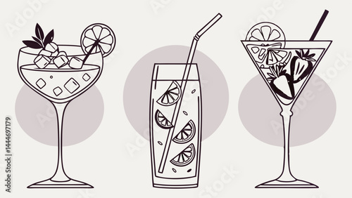 Minimalist black and white line art illustration showing three unique summer cocktails with ice fruit and garnishes in glasses