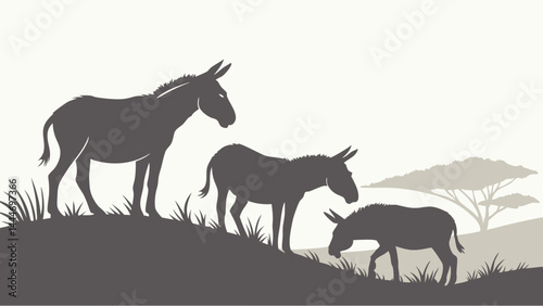 Three wild donkeys silhouette illustration on a grassy savanna hill