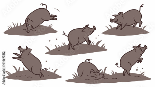 Funny Cartoon Pigs Jumping Rolling and Playing Happily in Mud Illustration