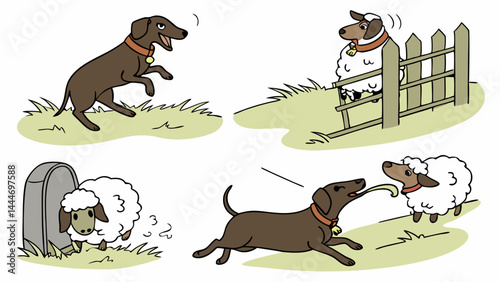 Cartoon illustration of a dog and sheep story featuring a dog barking sheep jumping a fence a sheep at a tombstone and a dog chasing a sheep