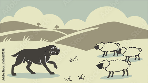 Simple Graphic Illustration Black Dog Confronting Three White Sheep in Hilly Pasture Scene