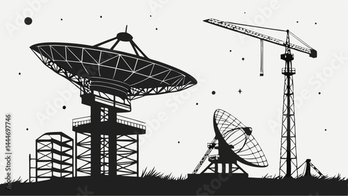 Black and white silhouette illustration featuring satellite dishes, construction crane, and buildings under a starry sky