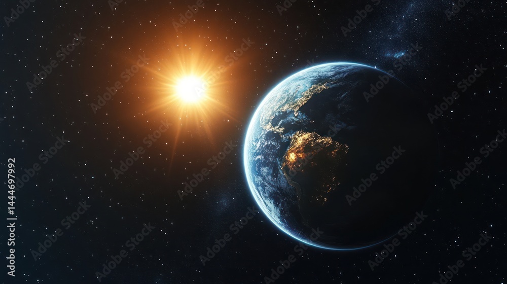 Naklejka premium Earth sunrise, space, cosmic background, planet, science