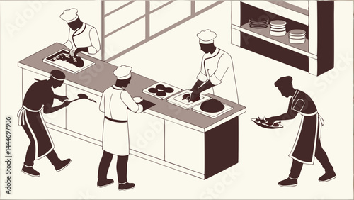 Sepia Illustration of Professional Chefs Preparing and Serving Food in a Kitchen
