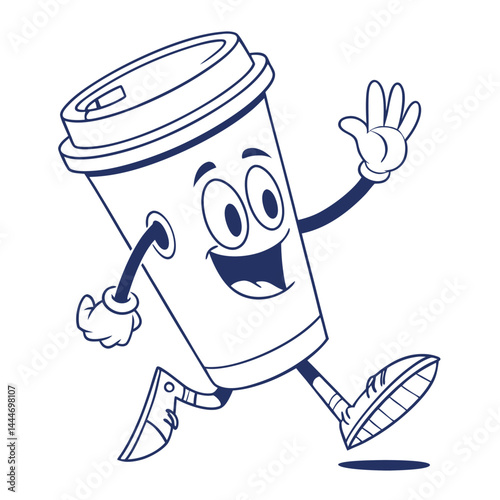 Line art Happy Coffee Cup Mascot Running & Waving With Shoes, Isolated on White