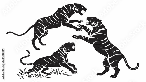 Powerful Black and White Graphic Art Three Striped Tigers in Dynamic Fight Wildlife Illustration