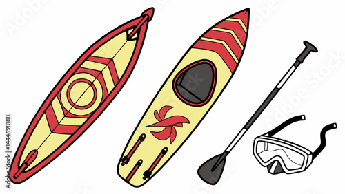 Colorful Illustration of Water Sports Equipment Surfboard Kayak Paddle and Goggles