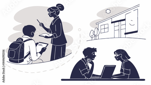 Education and Learning Illustration Teacher Students Studying School Building Line Art