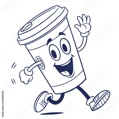 CartoonStyle Coffee Cup Character Running and Waving with Joyful Expression