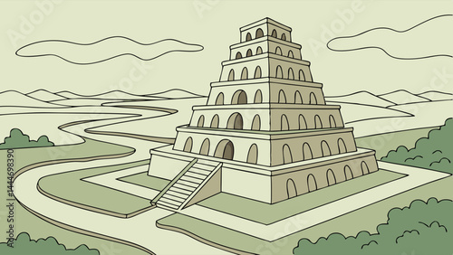 Detailed Line Art Illustration of an Ancient Ziggurat Stepped Structure in a Historical Landscape with River and Hills