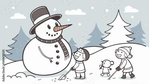 Cartoon Illustration of Happy Children Building a Snowman in a Winter Landscape with Trees and Snow