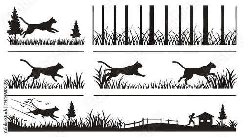 Dynamic Black Silhouette Cats Running Leaping Galloping Through Outdoor Nature Landscapes Graphic Set