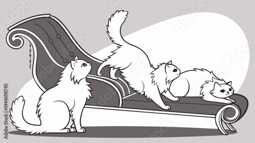 Detailed black and white line drawing of three fluffy cats on an elegant chaise lounge