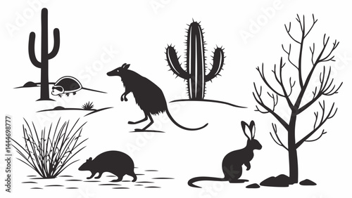 Black White Silhouette Illustration of Australian Desert Wildlife Animals Bandicoot Echidna Rabbit Cactus Tree Plants