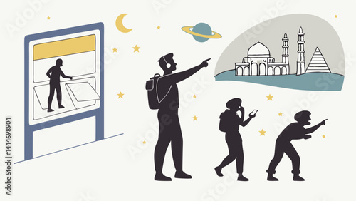 Flat illustration of travelers using technology to explore real and imagined world landmarks under a starry sky