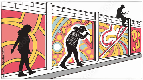 Silhouetted People Create and View Colorful Abstract Street Art Mural on Urban Wall