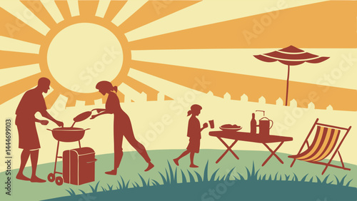 Retro Style Sunny Summer Family Backyard Barbecue Picnic Scene Illustration