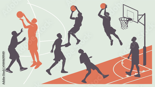 Orange and Grey Basketball Players Silhouettes Action Flat Illustration on Court