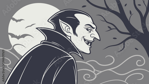 Classic Vampire Illustration Spooky Grayscale Gothic Night Art with Full Moon Bats and Sinister Smile